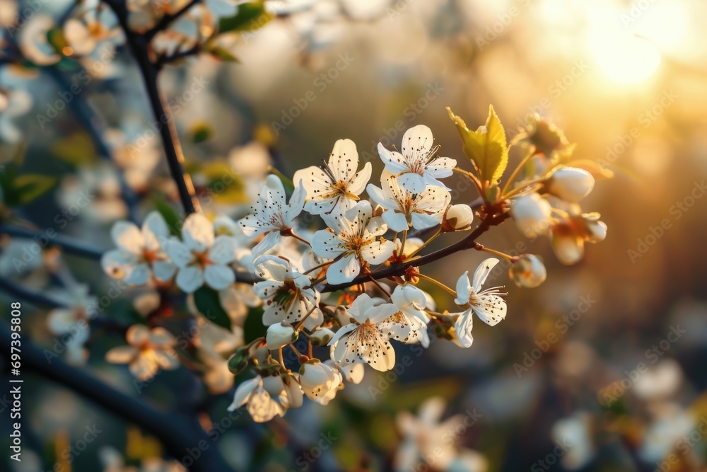 Poster A close-up view of a tree with beautiful white flowers. This image can be used to add a touch of elegance and serenity to any project or design