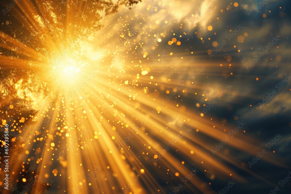 Poster Sun shining through the clouds, creating a bright and beautiful scene. Perfect for adding a touch of natural beauty to any project