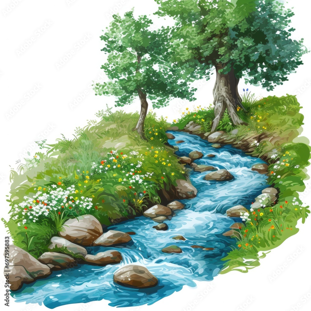 Poster a beautiful scene of a river running through a vibrant and dense green forest. perfect for nature lo