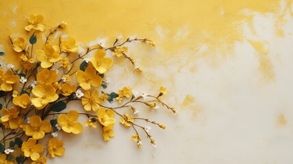 The background of the yellow floral wall has a texture