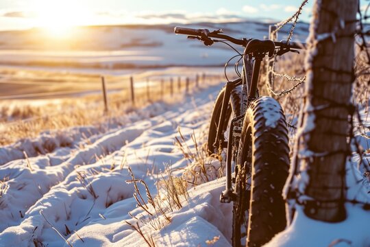 A bicycle parked in the snow next to a fence. Perfect for winter-themed designs and outdoor lifestyle concepts