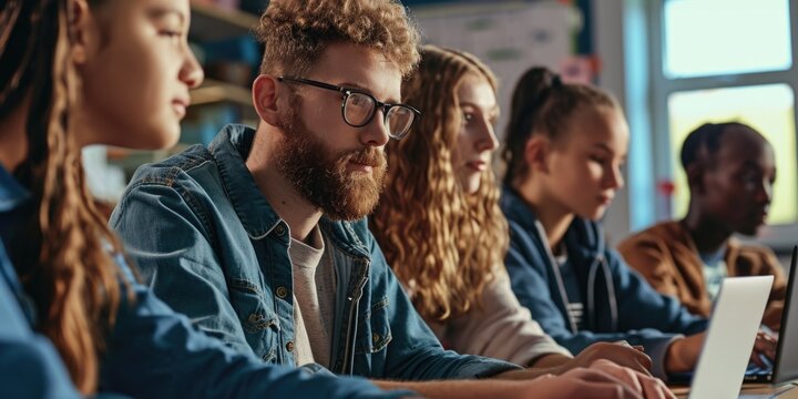 People Sitting At A Table, Working On Their Laptops. Suitable For Illustrating Teamwork And Collaboration In A Professional Setting