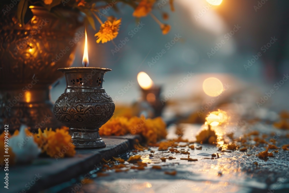 Poster a lit candle sits in a vase on the ground. perfect for adding a warm and cozy ambiance to any space