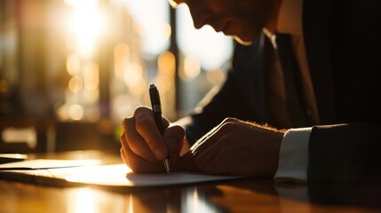 A man in a suit writing on a piece of paper. Suitable for business, office, or education-related projects