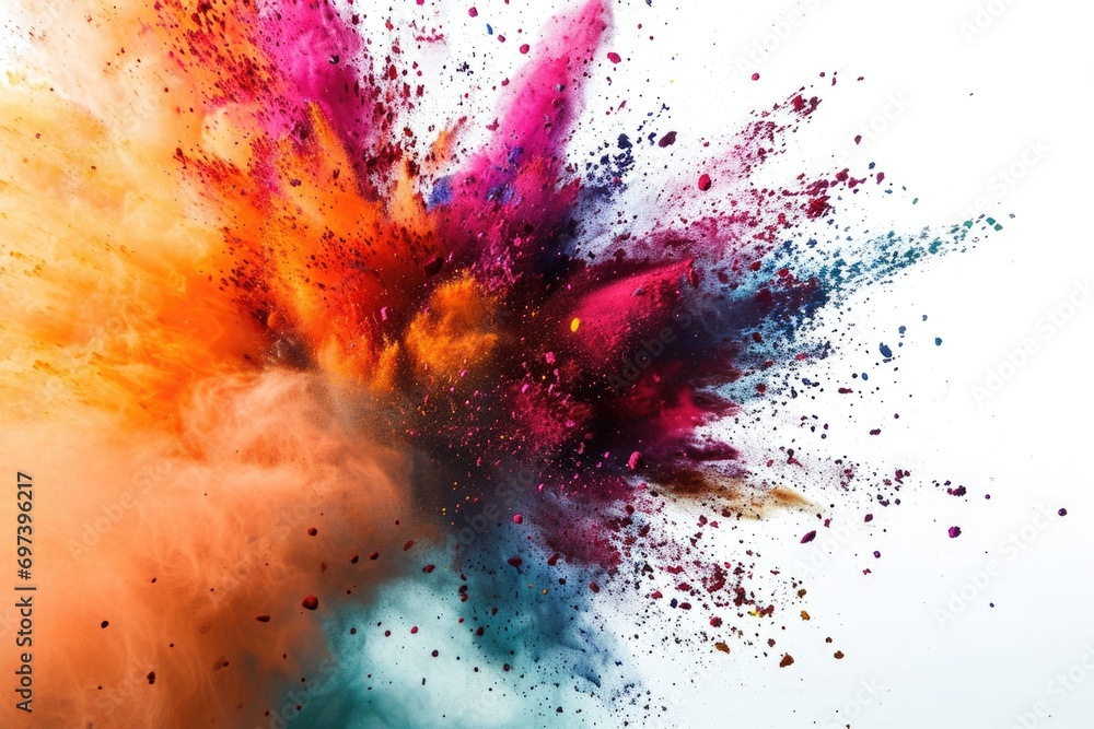 Poster A vibrant explosion of colored powder on a clean white background. Perfect for adding a burst of color and excitement to any project or design