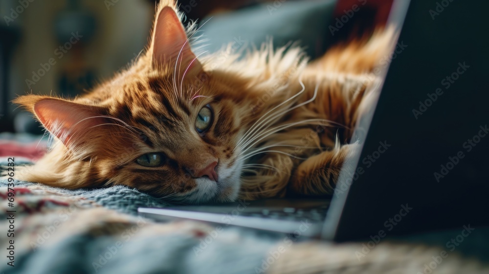 Poster a cat laying on top of a laptop computer. perfect for showcasing the coziness of working from home o