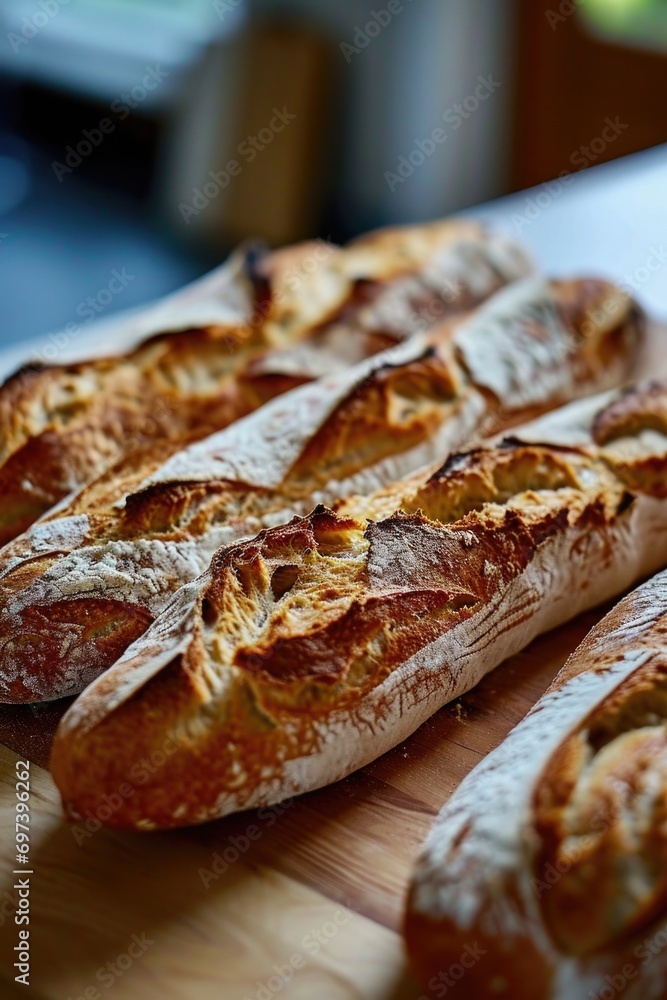 Poster a collection of various breads displayed on a rustic wooden cutting board. perfect for bakery promot