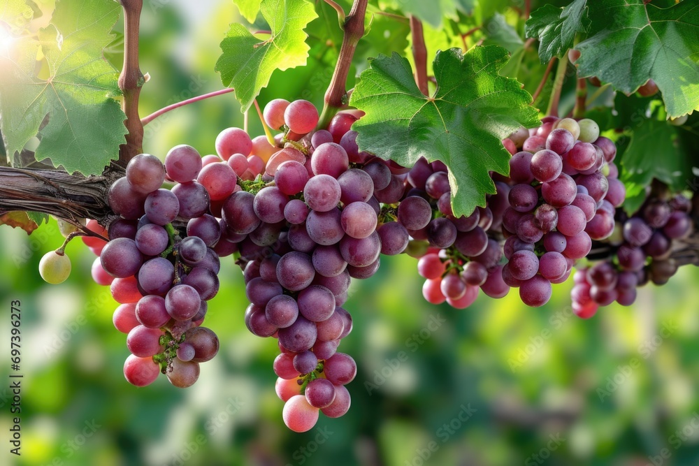 Poster a bunch of grapes hanging from a vine. suitable for wine-related content or nature-themed designs