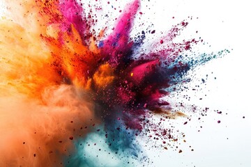 A vibrant explosion of colored powder on a clean white background. Perfect for adding a burst of color and excitement to any project or design