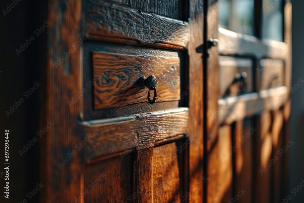 Poster A close up view of a door handle on a wooden door. This image can be used to showcase craftsmanship or as a symbol of home security