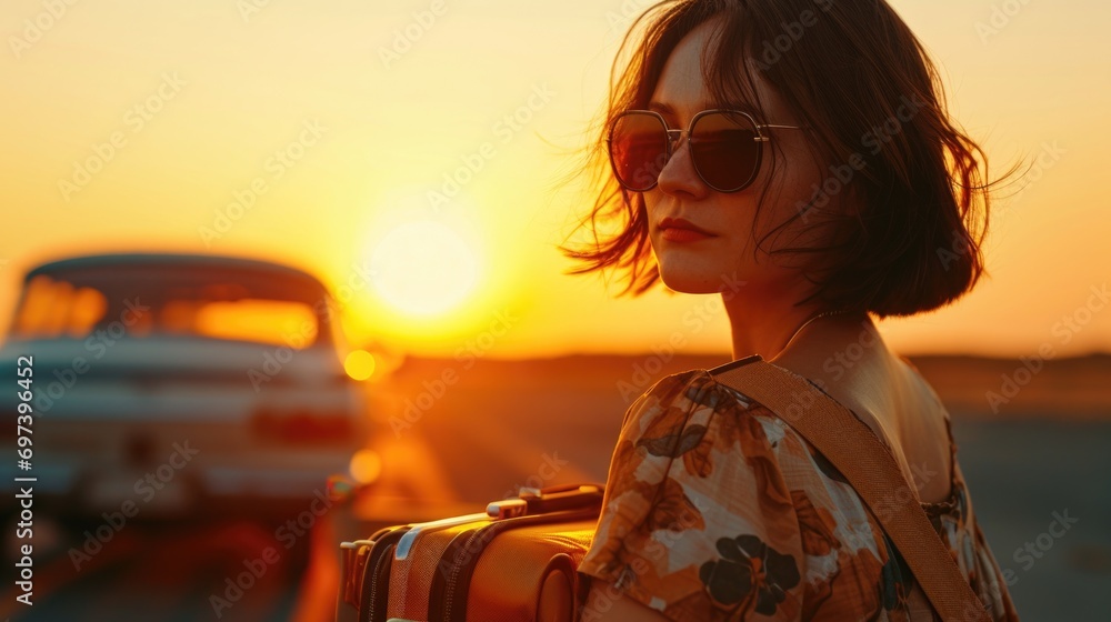 Poster A woman stands with a suitcase in front of a car. Perfect for travel and transportation concepts