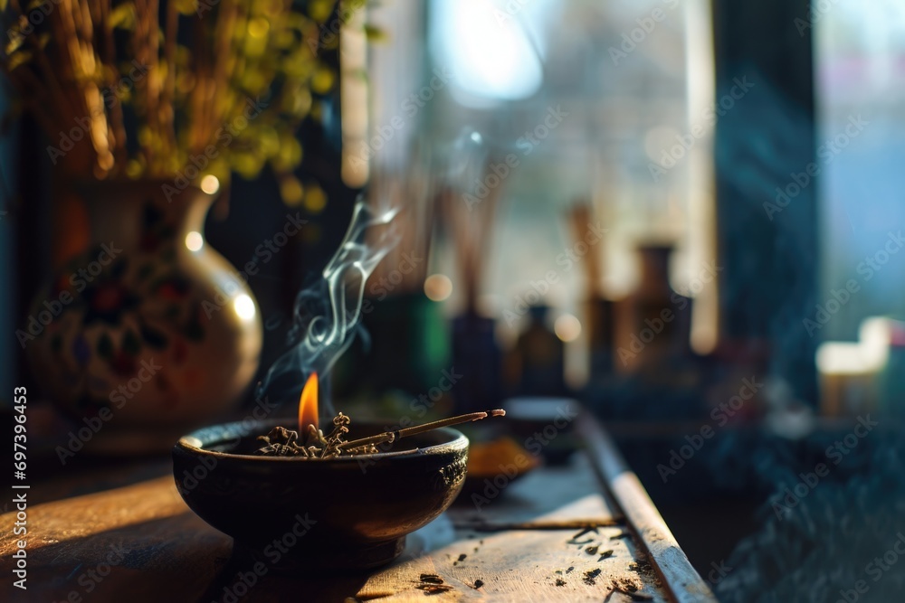 Aufkleber a wooden table with a bowl of incense sitting on top. this image can be used to create a calming and