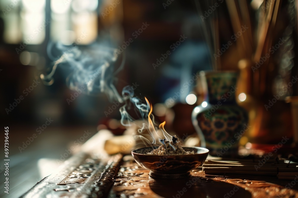 Poster a bowl of incense sitting on top of a wooden table. perfect for creating a serene and relaxing atmos
