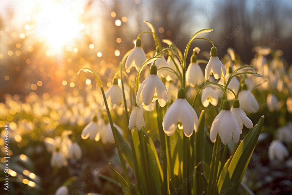 Aufkleber A beautiful field of snowdrops illuminated by the warm glow of sunset. Perfect for nature enthusiasts or those looking for a serene and peaceful image to use in their projects