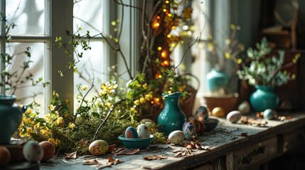 Colorful Easter eggs on rustic-themed table