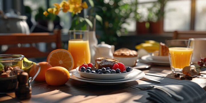 A wooden table displaying a variety of delicious food and glasses of refreshing orange juice. This image can be used to showcase a meal or to promote a healthy lifestyle