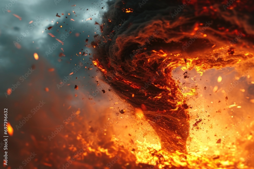 Poster A powerful tornado emerging from the sky. Perfect for illustrating the destructive force of nature. Ideal for use in weather-related articles or educational materials