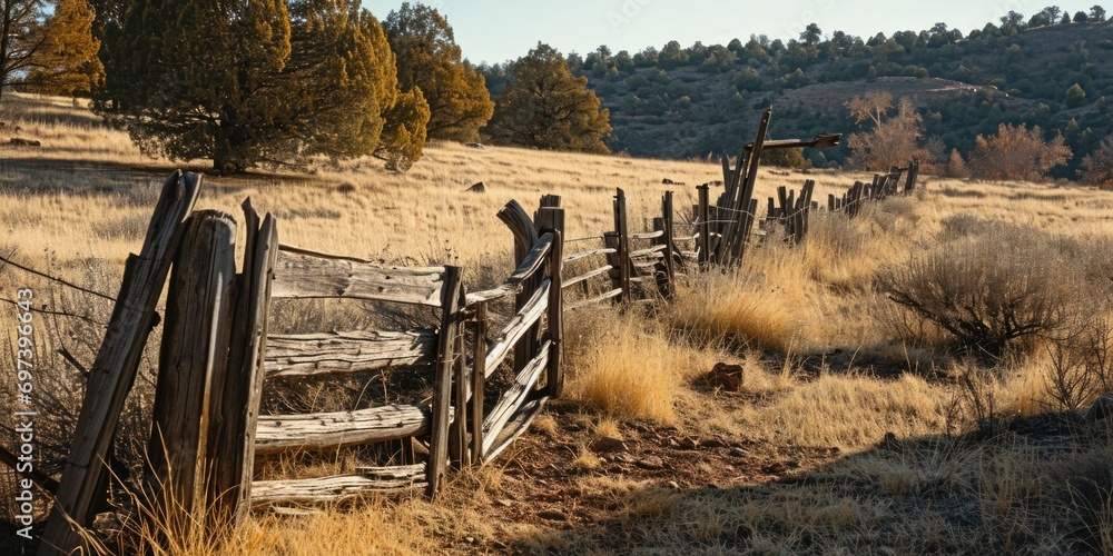 Poster a simple wooden fence standing in the middle of a field. this image can be used to depict rural land
