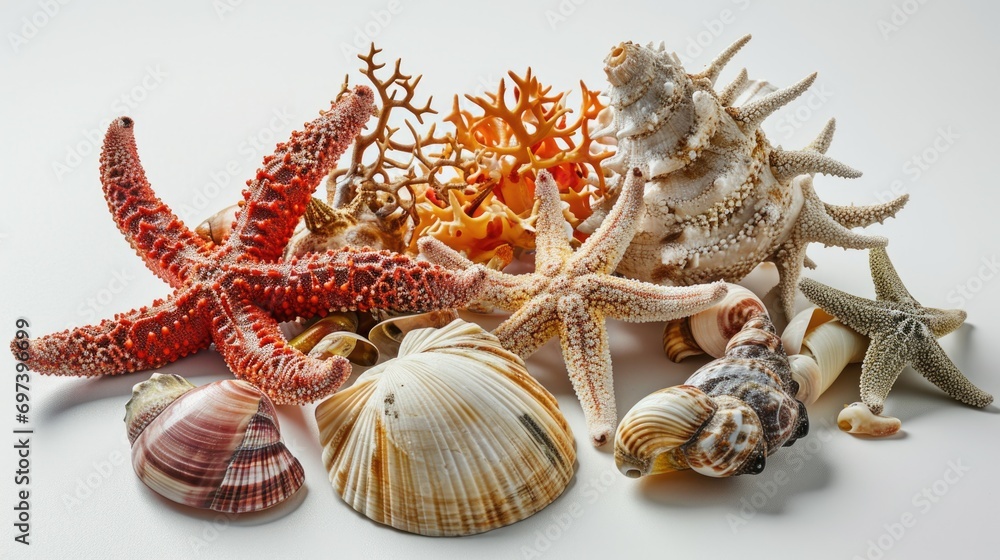 Poster sea shells and starfish arranged on a clean white surface. perfect for beach-themed designs and summ