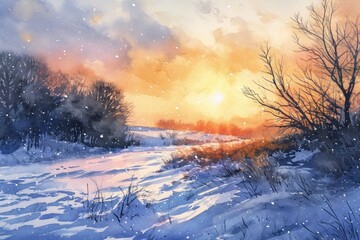 A serene painting of a winter landscape with snow-covered trees. Perfect for creating a peaceful and tranquil atmosphere.