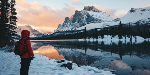 A person standing in the snow next to a serene lake. Perfect for winter landscapes or outdoor activities