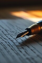 A close-up view of a fountain pen resting on top of a piece of paper. This versatile image can be...