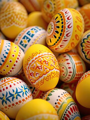 Fototapeta na wymiar Bright colorful Easter eggs on a yellow background. Easter stylish minimal composition. Close-up