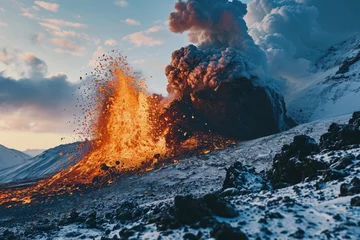 Fotobehang A powerful volcano erupting with hot lava shooting into the air. Perfect for illustrating the intense power and beauty of nature. © Fotograf