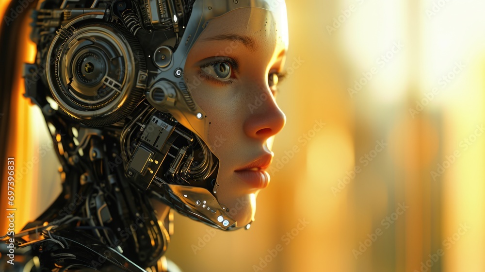 Aufkleber close up of a person wearing a robot suit. suitable for futuristic themes or technology-related conc