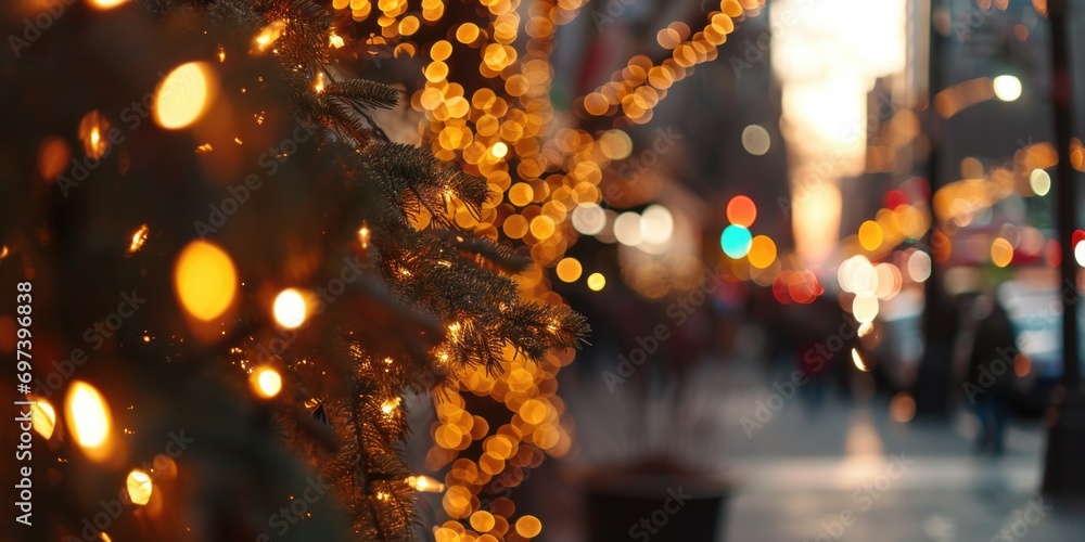 Poster a vibrant city street adorned with an abundance of sparkling christmas lights. perfect for adding a 