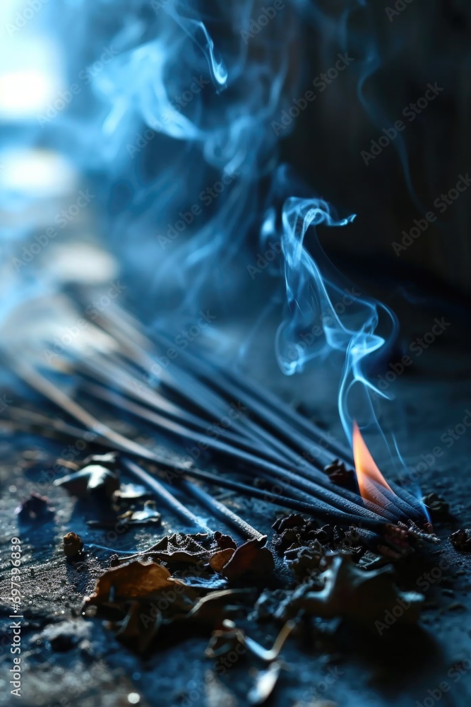 Aufkleber A close up view of a burning matchstick lying on the ground. This image can be used to depict concepts such as danger, risk, ignition, or fire-related themes