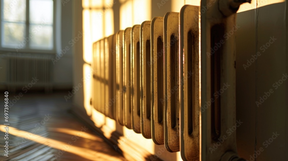 Poster A radiator in a room with a window in the background. Ideal for home heating and energy efficiency concepts