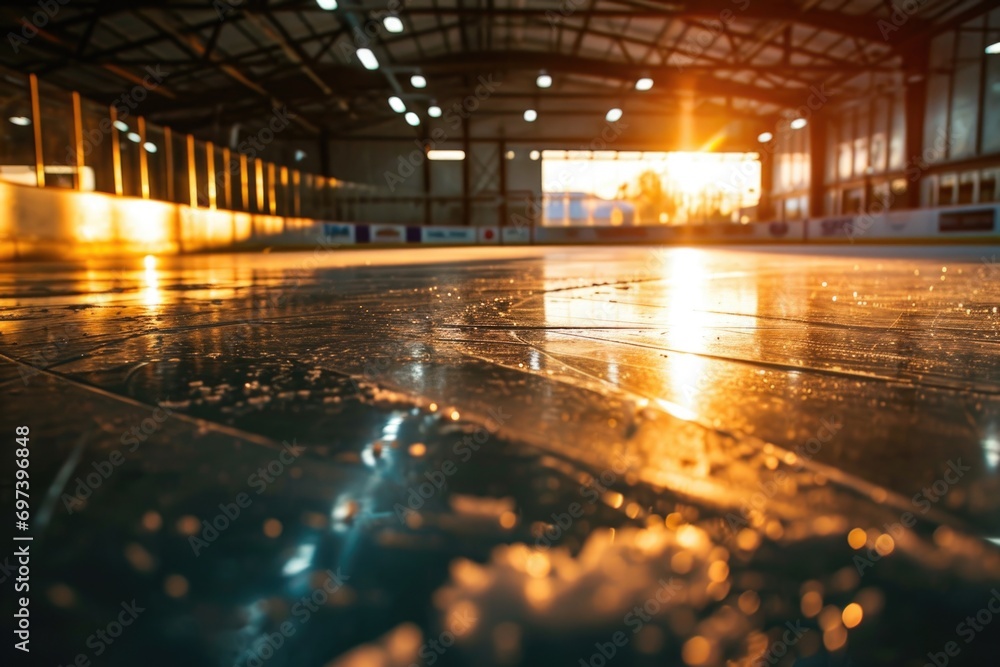 Poster A picture of a wet floor in a building with lights reflecting off of it. Suitable for use in illustrating cleanliness, safety precautions, or modern architecture