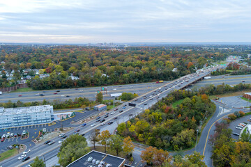 Here is an aerial view from air of freeway I-95 route to NJ Turnpike with heavy traffic moving rapidly