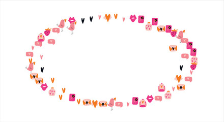 Bright frame background with Valentine's Day elements. Blank postcard, invitation to a holiday, wedding. Doodle. Vector illustration.