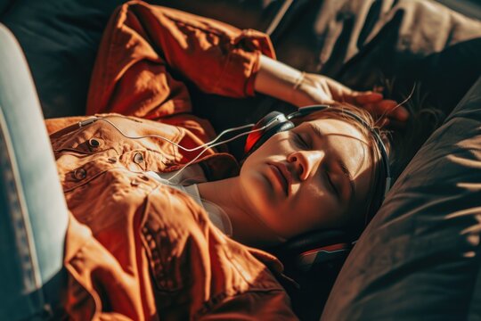 A woman is laying on a couch wearing headphones. This image can be used to depict relaxation, listening to music, or enjoying leisure time
