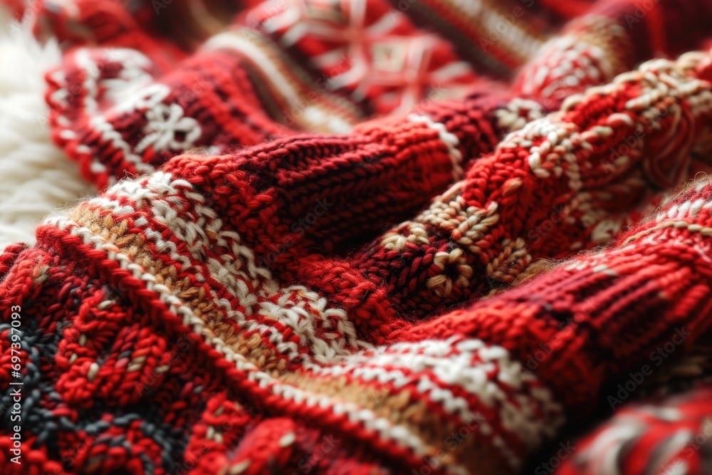 Poster A close-up view of a red and white blanket. Perfect for adding warmth and coziness to any space