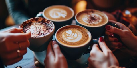 A group of people gathered together, each holding a cup of coffee. This image can be used to depict social gatherings, coffee breaks, or meetings in a casual setting - obrazy, fototapety, plakaty