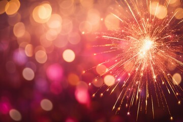 Golden fireworks on pink background with shining, sparkling bokeh lights effect
