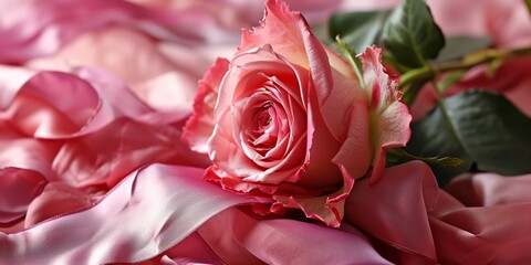 Pink rose close-up, macro on silk sheets, romantic background, banner, wallpaper
