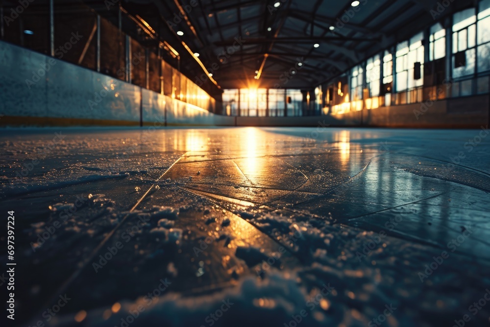 Aufkleber A wet floor in a building illuminated by a bright light. Suitable for illustrating the concept of cleanliness, safety precautions, or a modern interior design