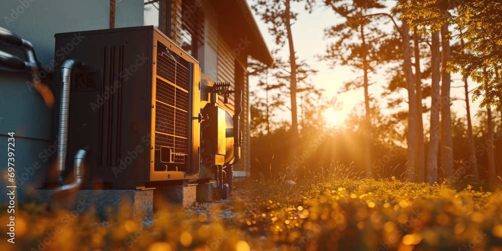 Poster an air conditioner sitting on the side of a building. suitable for architectural and industrial conc