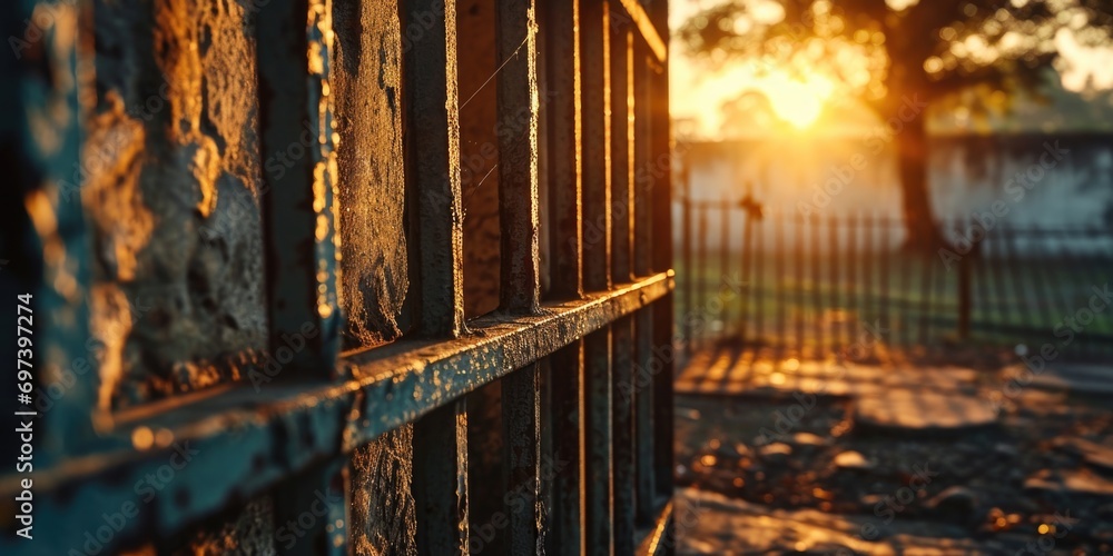 Poster A beautiful sunset with the sun setting behind a metal fence. Perfect for adding a touch of nature and tranquility to any project