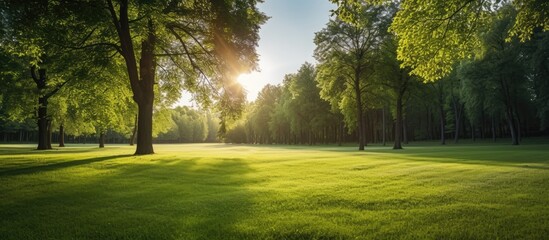 Morning sunbeam at natural park, fairway with green grass and trees.