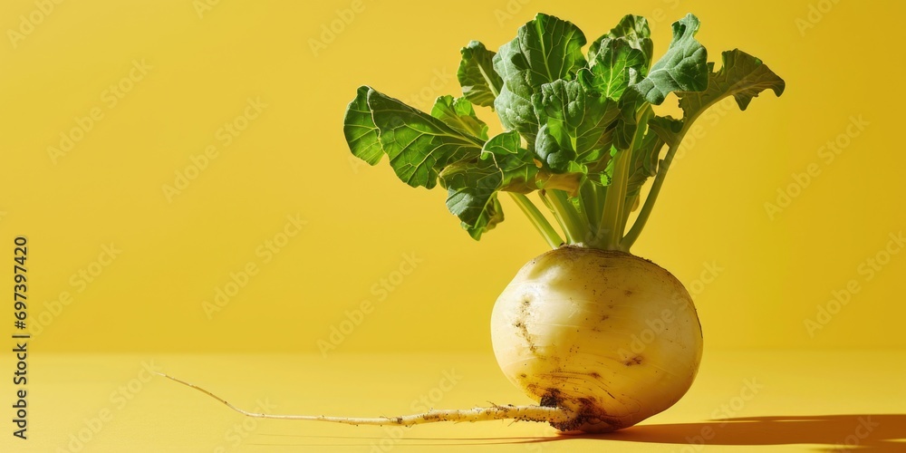 Poster a picture of a turnip plant with green leaves arranged in a yellow vase. this image can be used to a