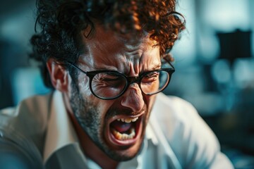 A man wearing glasses and a white shirt is captured in the act of screaming. This image can be used to depict anger, frustration, or intense emotion