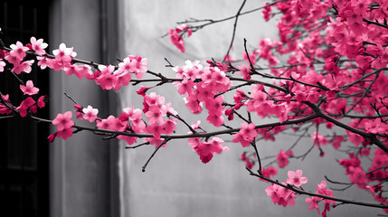 Cherry Blossom in Monochrome with a Pop of Vibrant Pink, Cherry, Blossom