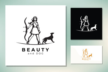 Beauty Silhouette of Diana Holding a Bow and Arrow with The Hound Dog Statue for Archer Archery Hunting Logo design