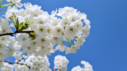 White Cherry Blossoms Against a Clear Blue Sky, Background, White and white flowers