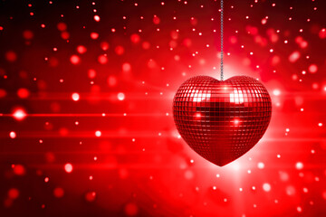 Banner Disco Ball Heart. Red Mirror disco ball in Shape of Heart